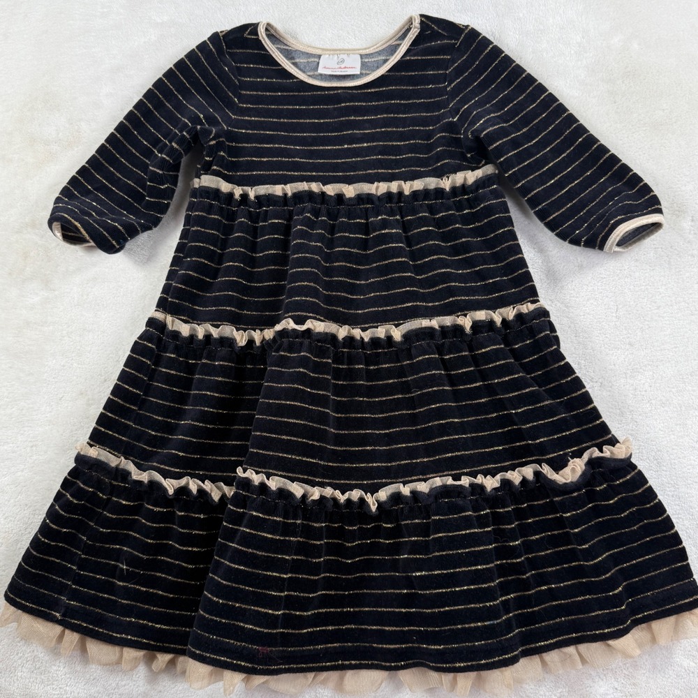 Hanna Andersson Girls Black Gold Metallic Stripe Velvet Tiered Dress Size 100 4T